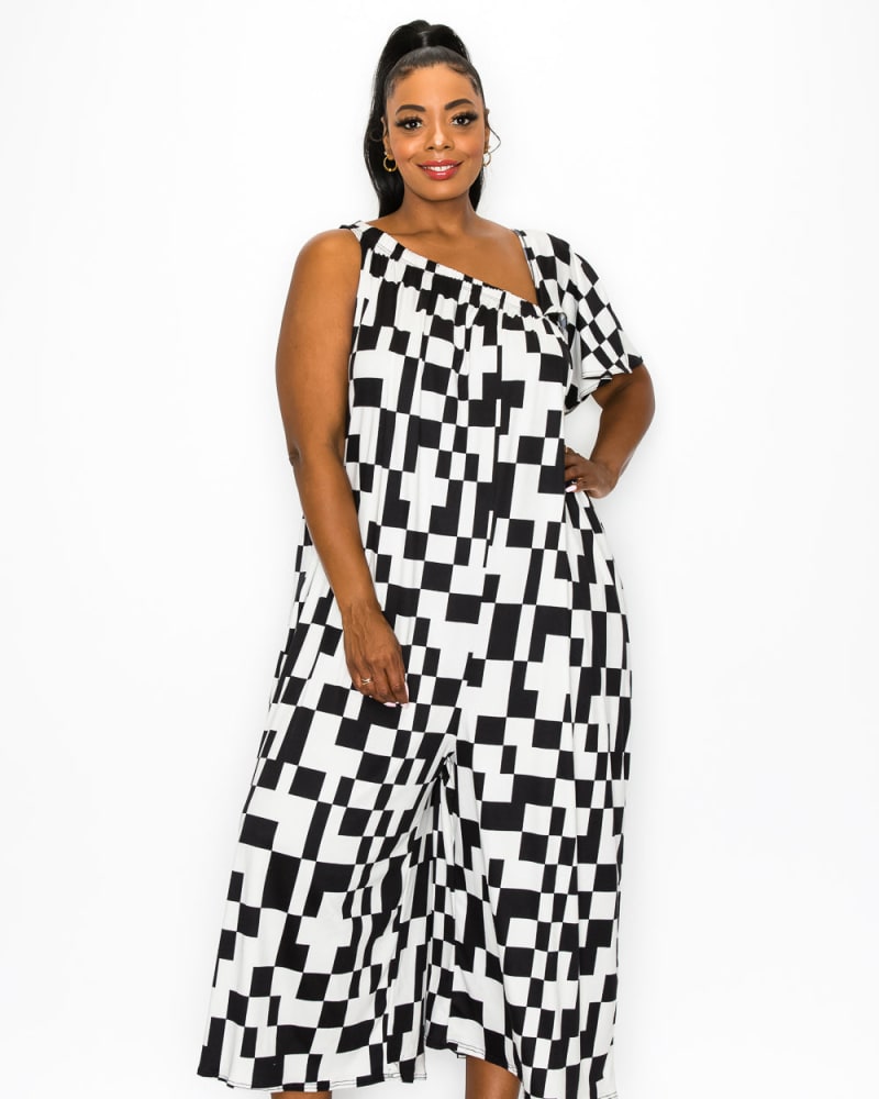 Front of a model wearing a size 1X Harlow Wide Legged Pocket Jumpsuit in Black/White by L I V D. | dia_product_style_image_id:240821